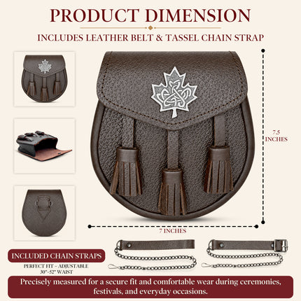 Brown Leather Sporran with Celtic Maple Leaf Badge