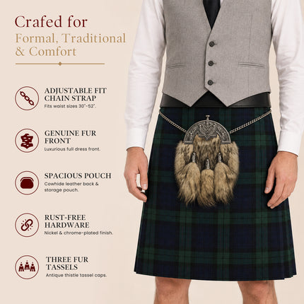 Coyote Fur Sporran with Thistle Antique Cantle