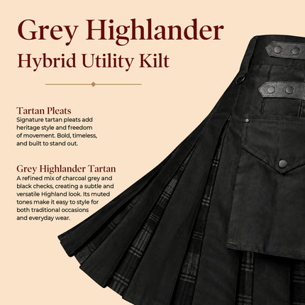 Kilt hybride utilitaire Grey Highlander pour homme - Style traditionnel et fonctionnalité moderne