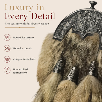 Coyote Fur Sporran with Thistle Antique Cantle