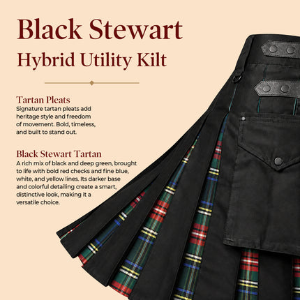 Black Stewart Hybrid Utility Kilt for Men  - Traditional Style with Modern Functionality | Big & Tall