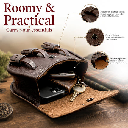 Brown Leather Sporran with Celtic Maple Leaf Badge