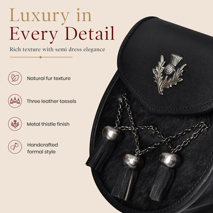 Sporran en cuir de luxe noir avec chardon antique