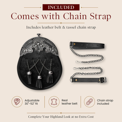 Formal Black Bovine Cross Chain Sporran with Thistle Antique Cantle