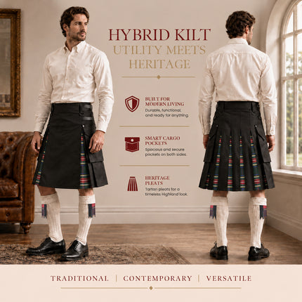 Black Stewart Hybrid Utility Kilt for Men  - Traditional Style with Modern Functionality