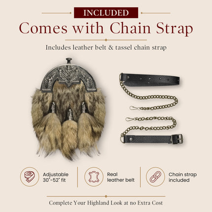 Coyote Fur Sporran with Thistle Antique Cantle