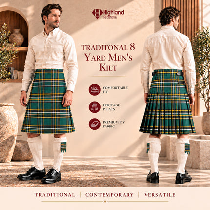 Kilt for Men I Irish Heritage Tartan Kilt Polyviscose 8 Yard Traditional Men Kilt