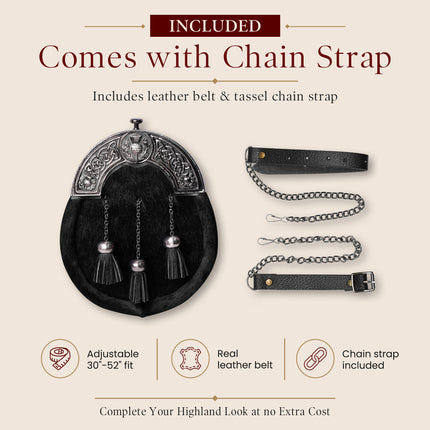Formal Black Bovine Sporran with Black Thistle Antique Cantle