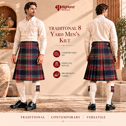 Kilt pour homme I Kilt traditionnel pour homme 8 verges en polyviscose à motif Black Stewart Tartan