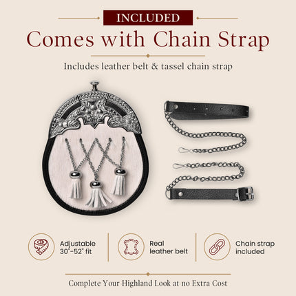 Formal White Bovine Cross Chain Sporran with Thistle Chrome Cantle