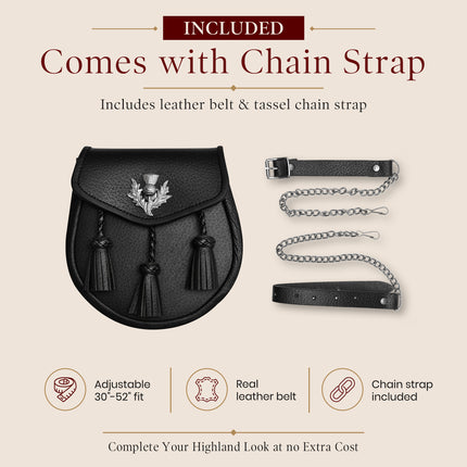 Semi Dress Leather Sporran w/ Thistle Badge I Black Plain