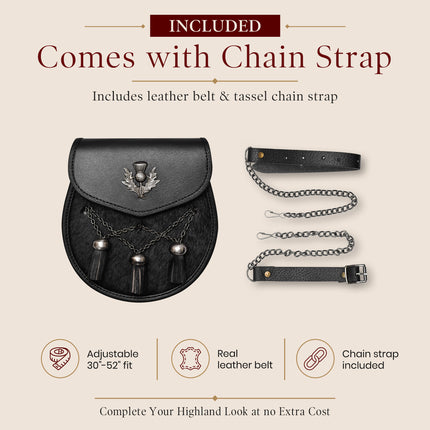 Sporran en cuir de luxe noir avec chardon antique