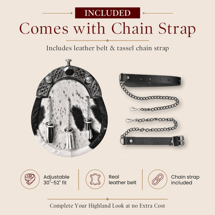 Formal White & Black Bovine Sporran with Celtic Chrome Cantle