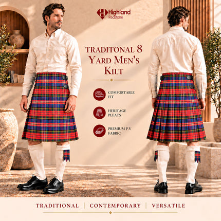 Kilt for Men I Macpherson Red Tartan Kilt Polyviscose 8 Yard Traditional Men Kilt