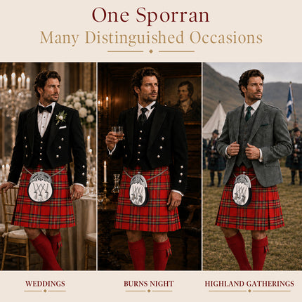 Formal White Bovine Cross Chain Sporran with Thistle Chrome Cantle