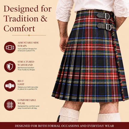 Kilt pour homme I Kilt traditionnel pour homme 8 verges en polyviscose à motif Black Stewart Tartan