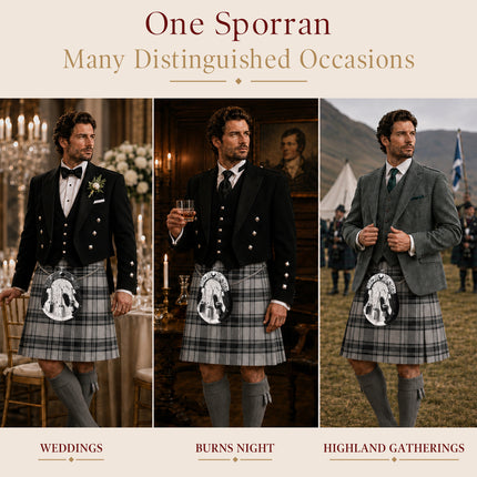 Formal White & Black Bovine Sporran with Celtic Chrome Cantle
