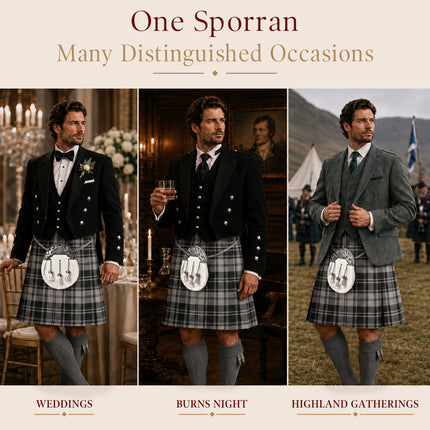 Formal White Bovine Sporran with Antique Lion Rampant Cantle