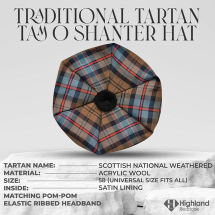 Tam O'Shanter Hat with Pompom | Scottish National Weathered Tartan