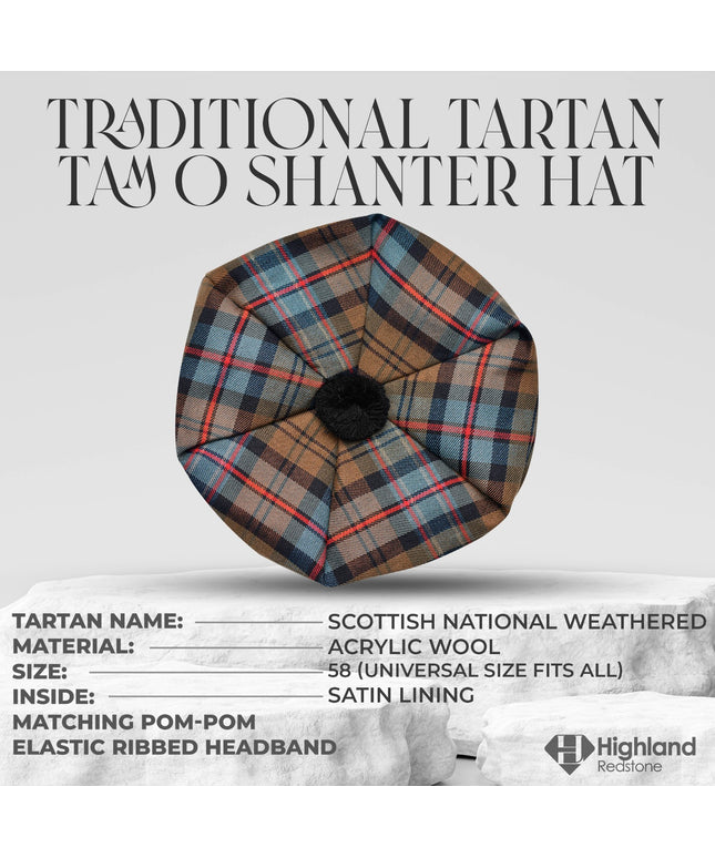 Tam O'Shanter Hat with Pompom | Scottish National Weathered Tartan