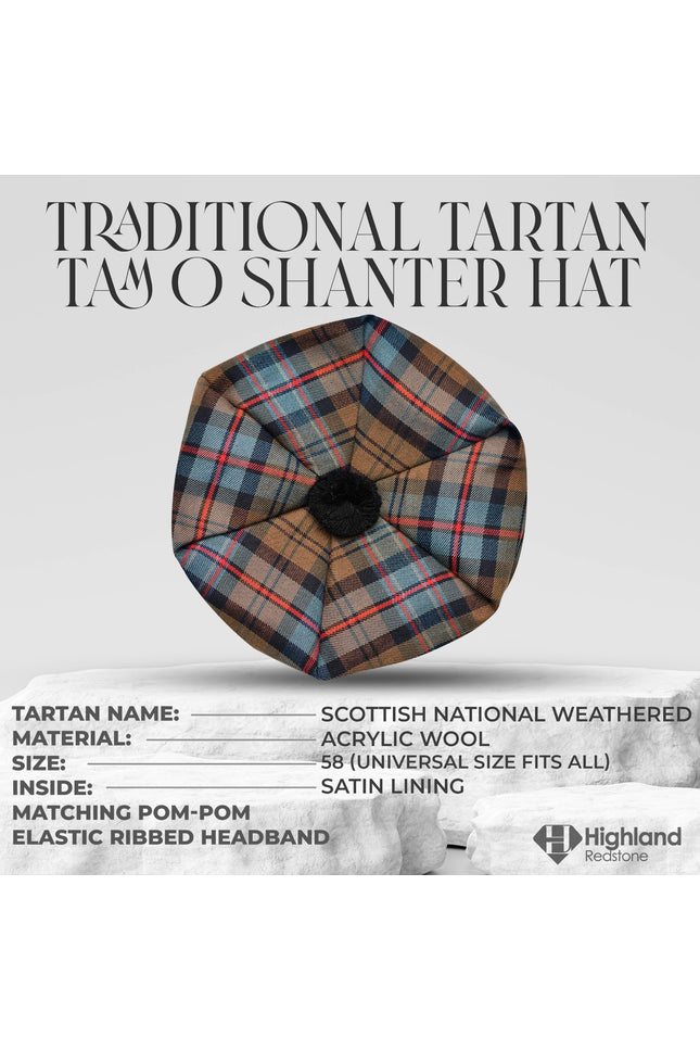 Tam O'Shanter Hat with Pompom | Scottish National Weathered Tartan