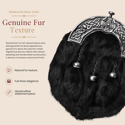 Sporran en fourrure de lapin noire, formel, avec cantle vieilli à croix noire