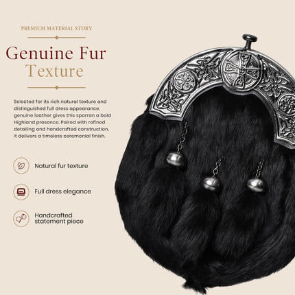 Sporran en fourrure de lapin noir formel avec cantle celtique antique noir