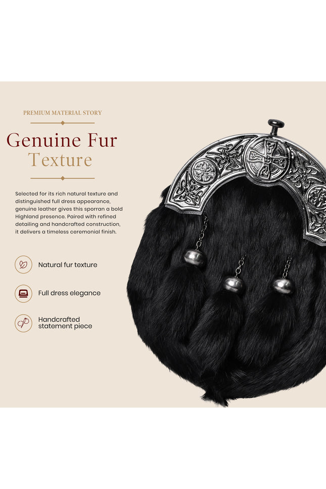 Formal Black Rabbit Fur Sporran with Black Celtic Antique Cantle