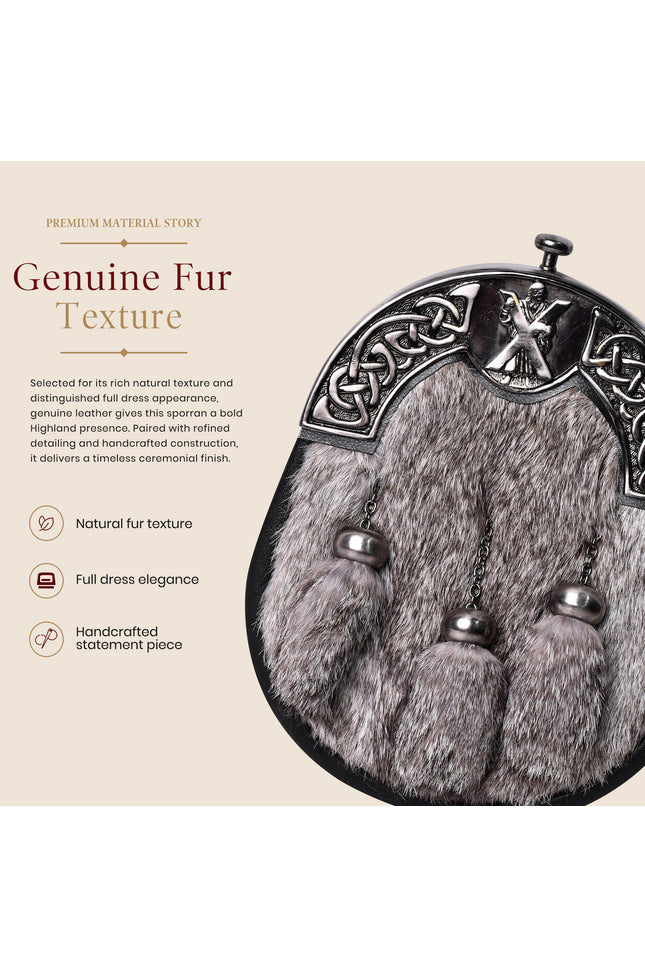 Formal Gray Rabbit Fur Sporran with St. Andrew Antique Cantle