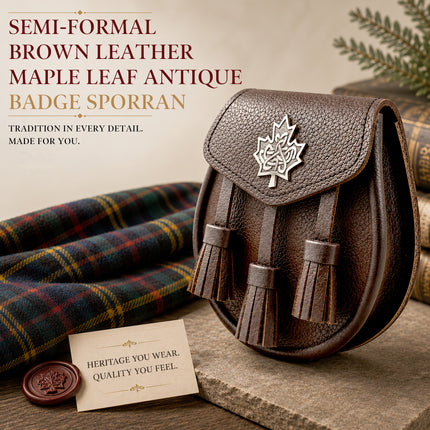 Brown Leather Sporran with Celtic Maple Leaf Badge