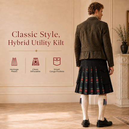 Black Stewart Hybrid Utility Kilt for Men  - Traditional Style with Modern Functionality