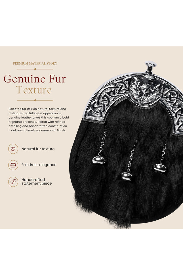 Formal Black Rabbit Fur Sporran with Thistle  Chrome Cantle