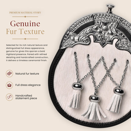 Formal White Bovine Cross Chain Sporran with Thistle Chrome Cantle