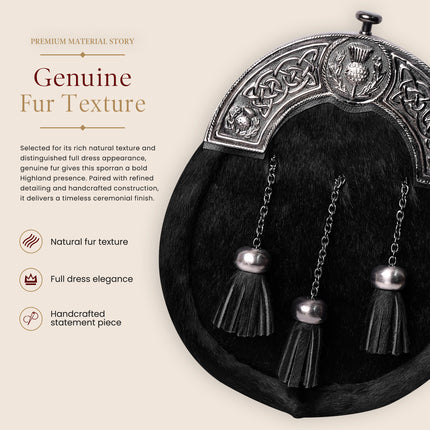 Formal Black Bovine Sporran with Black Thistle Antique Cantle