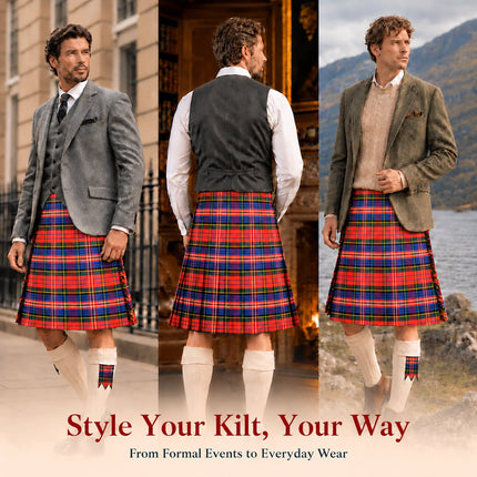 Kilt for Men I Macpherson Red Tartan Kilt Polyviscose 8 Yard Traditional Men Kilt