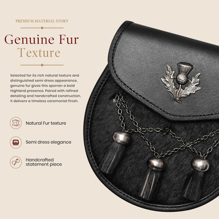 Sporran en cuir de luxe noir avec chardon antique