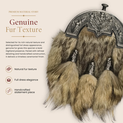 Coyote Fur Sporran with Thistle Antique Cantle