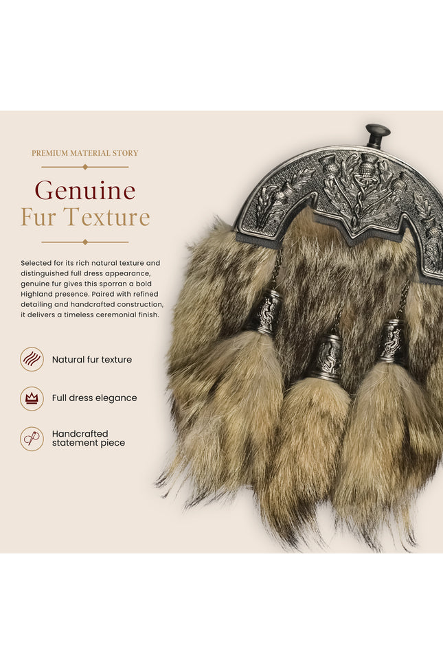 Coyote Fur Sporran with Thistle Antique Cantle