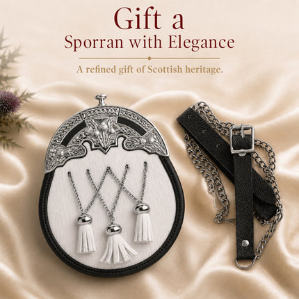 Formal White Bovine Cross Chain Sporran with Thistle Chrome Cantle