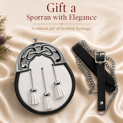 Formal White Bovine Sporran with Chrome Cantle