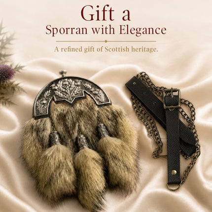 Coyote Fur Sporran with Thistle Antique Cantle