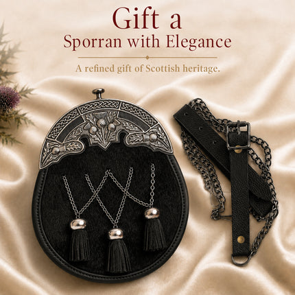 Formal Black Bovine Cross Chain Sporran with Thistle Antique Cantle