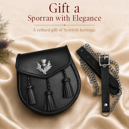 Semi Dress Leather Sporran w/ Thistle Badge I Black Plain