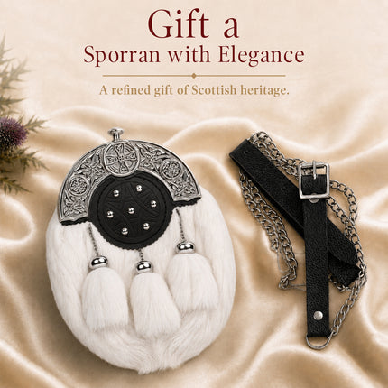 Sporran en fourrure de lapin blanche formel avec cantle en cuir Targe