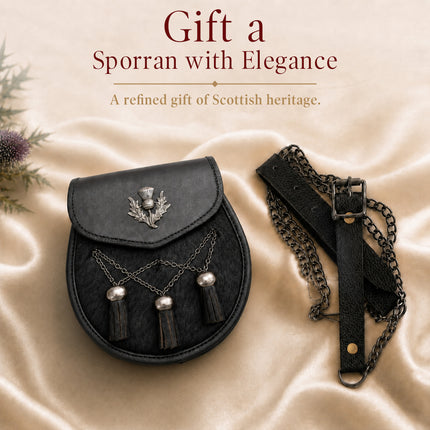 Sporran en cuir de luxe noir avec chardon antique