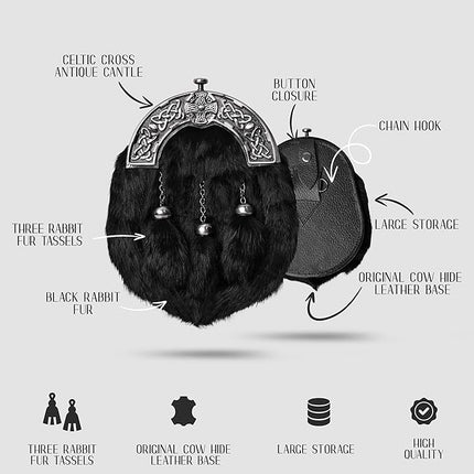 Black Rabbit Fur Sporran With Black Antique Cantle