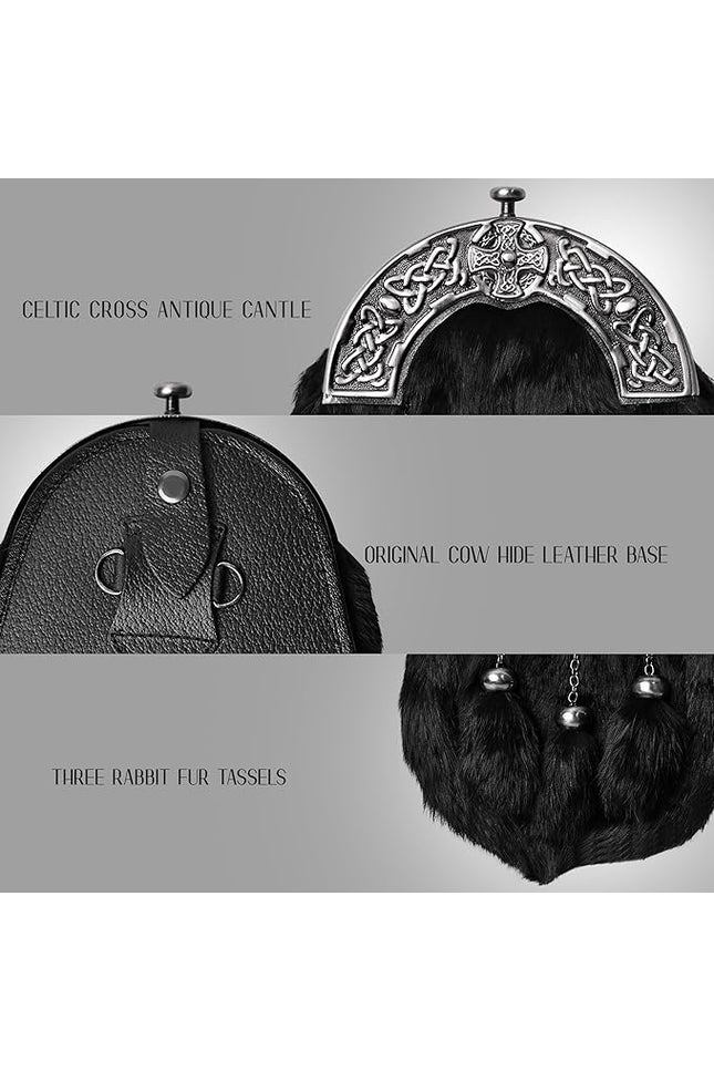 Formal Black Rabbit Fur Sporran with Black Cross Antique Cantle