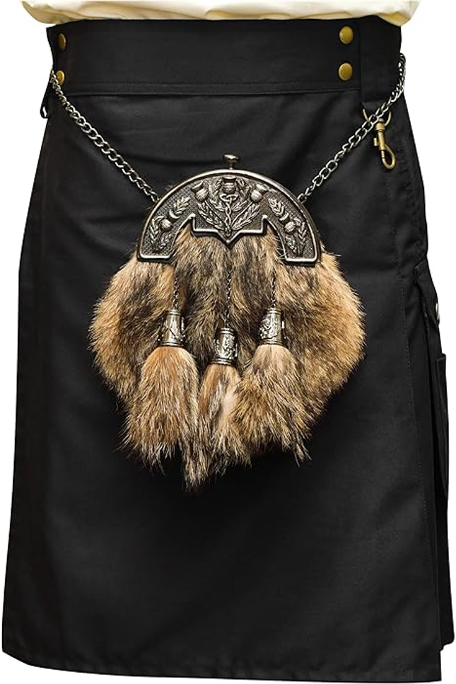 Coyote Fur Sporran with Thistle Antique Cantle