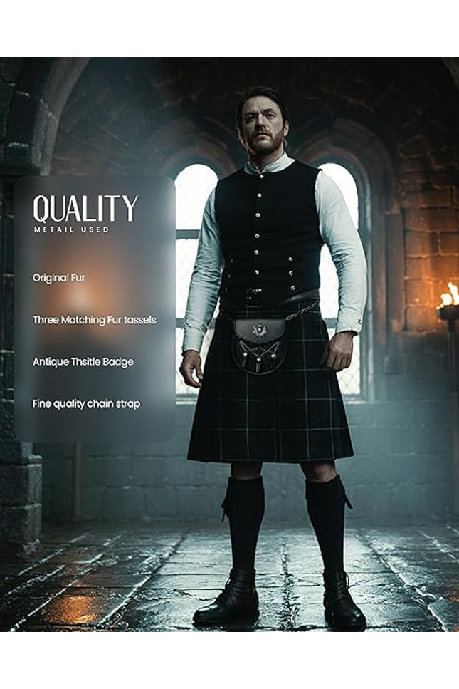 Semi Dress Leather Sporran w/ Thistle Badge I Black Plain