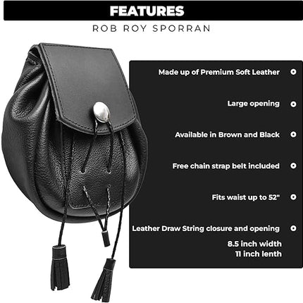 Rob Roy Black Leather Sporran with Chrome Badge